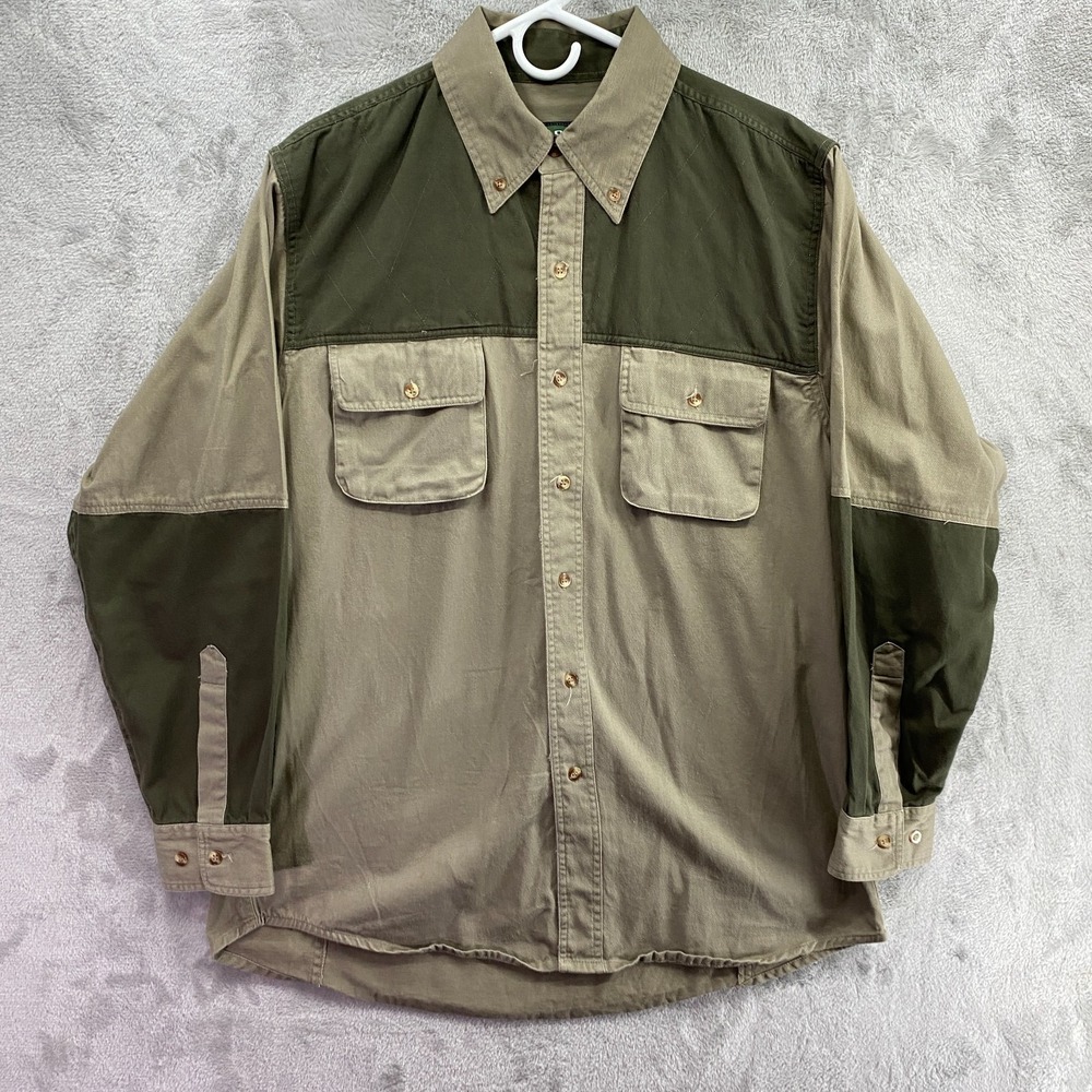 Master Sportsman Shooting Shirt Mens Khaki Olive Colorblock Cotton Hunting Vtg L